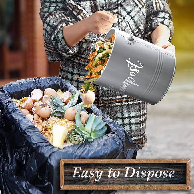 DAYYET Gray Compost Bin Kitchen, 1.3 Gallon Farmhouse Kitchen Compost Bin Countertop with Lid and Charcoal Filters, Indoor Compost Bucket for Decor and Accessories - Image 5