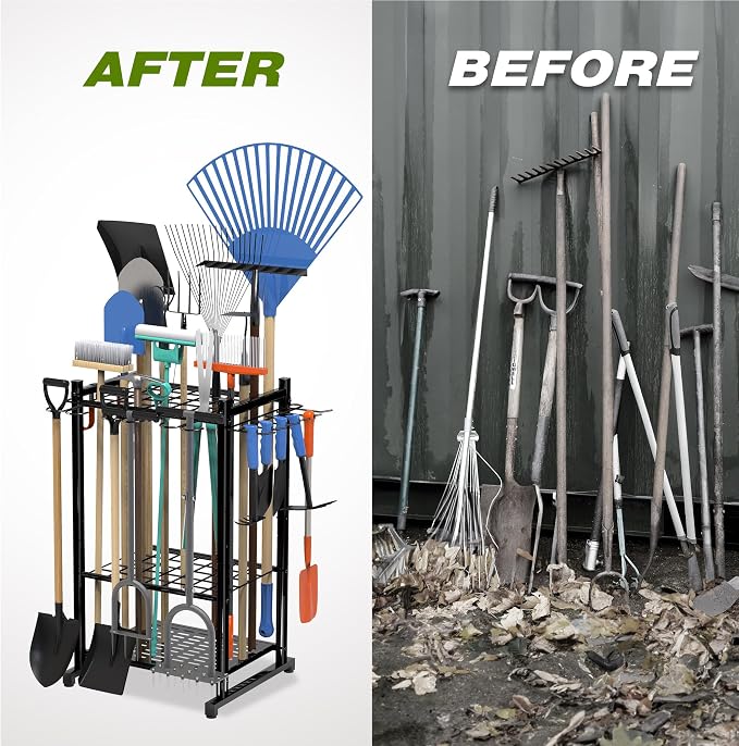 Sttoraboks Garden Tool Organizer Rack Up to 50 Tools, Heavy-Duty Steel Yard Tool Organizer for Garage Storage with 11 Hooks, Broom Holder & Garden Tool Rack for Shed, Patio, Outdoor Use, Black - Image 8