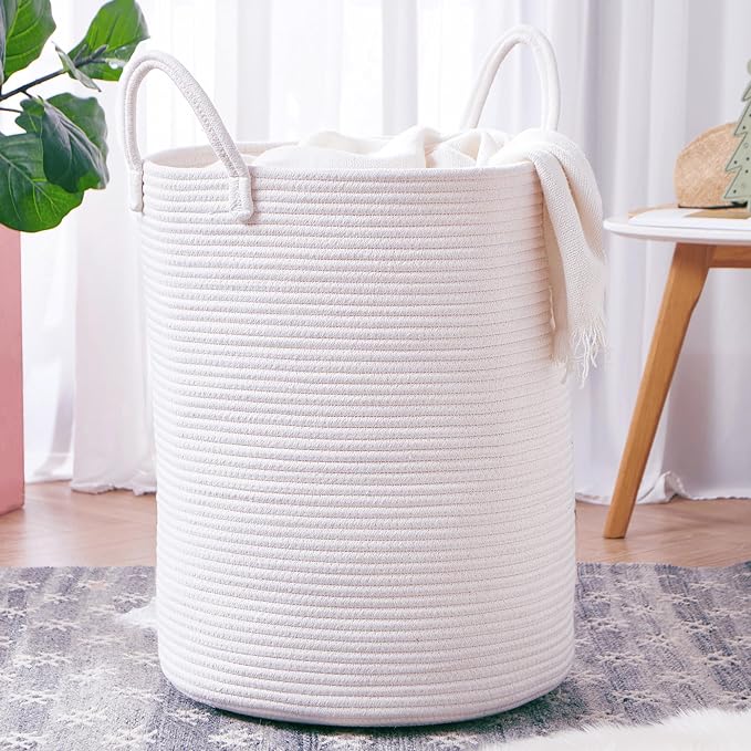 60L Pure White Woven Hamper Laundry Basket Cotton Rope Blanket Basket for Living Room 15Dx20H inches Tall Clothes Hamper for Baby Nursery Kids in Bedroom Large by MOJOSCEND