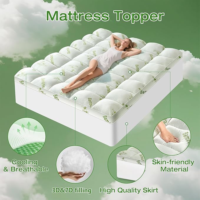 Mattress Topper Twin Size Viscose Derived from Bamboo, Thick Soft Pillow Top Mattress Pad Cover for Back Pain, Mattress Protector with 8-21 Inch Deep Pocket, White