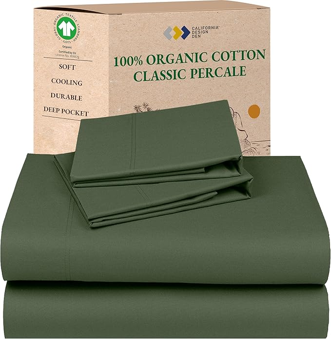 California Design Den Bedsheets King Size Bed Set - Soft 100% 100% Organic Cotton Sheets with Deep Pockets, Crisp Percale, Breathable and Durable Bedding Set - Olive Green