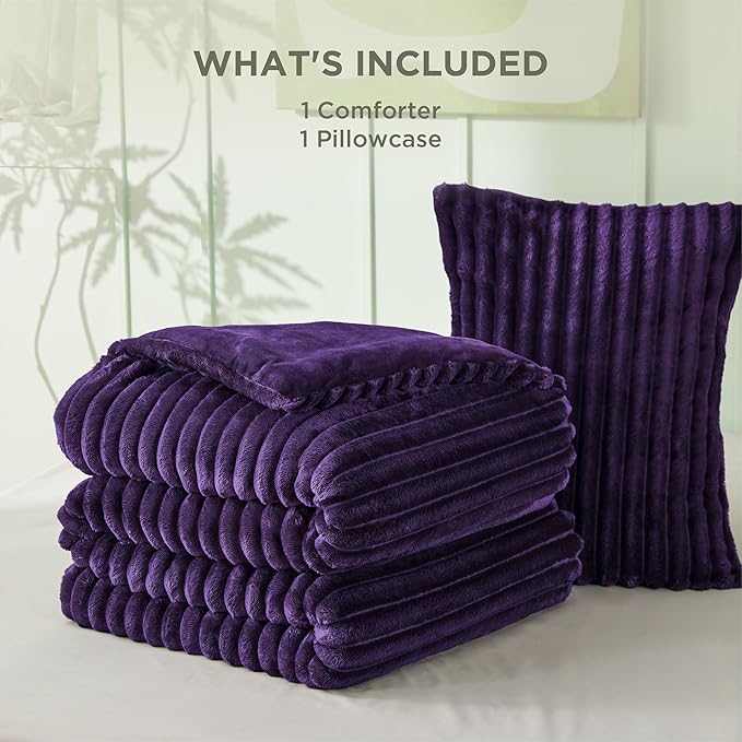 Bedsure Twin/Twin XL Size Comforter - GentleSoft™ 2 Pieces Double-Side Fleece Fluffy Purple Comforter Set, Cozy Striped Room Decor Aesthetic Luxury Twin Bedding Sets, 1 Pillowcase, 68x88 Inches