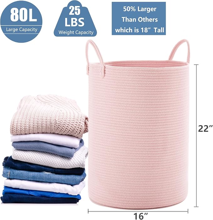 80L Extra Large Pink Hamper Laundry Basket for Baby Girls Tall Nursery Hamper for Kids Woven Rope Clothes Basket for Little Girls Room Bedroom Light Pink Kawaii 16"D x 22"H - Image 3