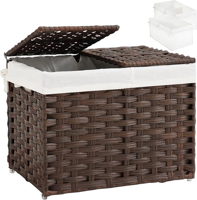 SETVSON Storage Basket with Lid Woven Wicker Baskets with 2 Separate Lid, 9.2 Gallon (35 L) Wicker Storage Bins with Handles, Foldable and 2 Removable Liner Bags for Bedroom, Laundry Room Brown by SETVSON