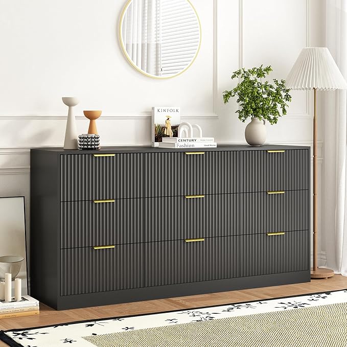 9 Drawer Dresser and Nightstand Sets for Bedroom, 3 Pcs Bedroom Set，Night Stand Set of 2 & 9 Drawer Dresser with Gold Handles, Modern Wood Chest of Drawers Storage Cabinet Set, Black