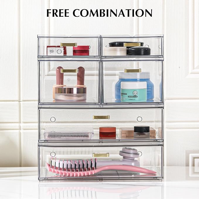LALOBLUE Stackable Storage Drawers, 6 Pack Clear Acrylic Organizer Bins with Golden Handles, Multi-Size Plastic Drawers for Makeup, Vanity, Kitchen, Bathroom, Office, Pantry Organization and Storage - Image 7