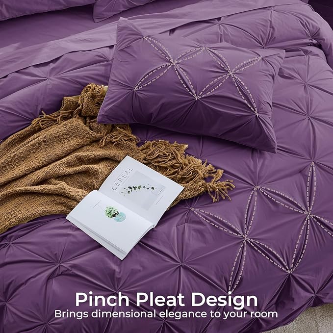 Sasttie Twin Comforter Set, 5-Piece Bed in a Bag, Pintuck Bedding Sets for All Season, Includes Comforter, Flat Sheet, Fitted Sheet, Pillowcase and Pillowsham, Grape Purple