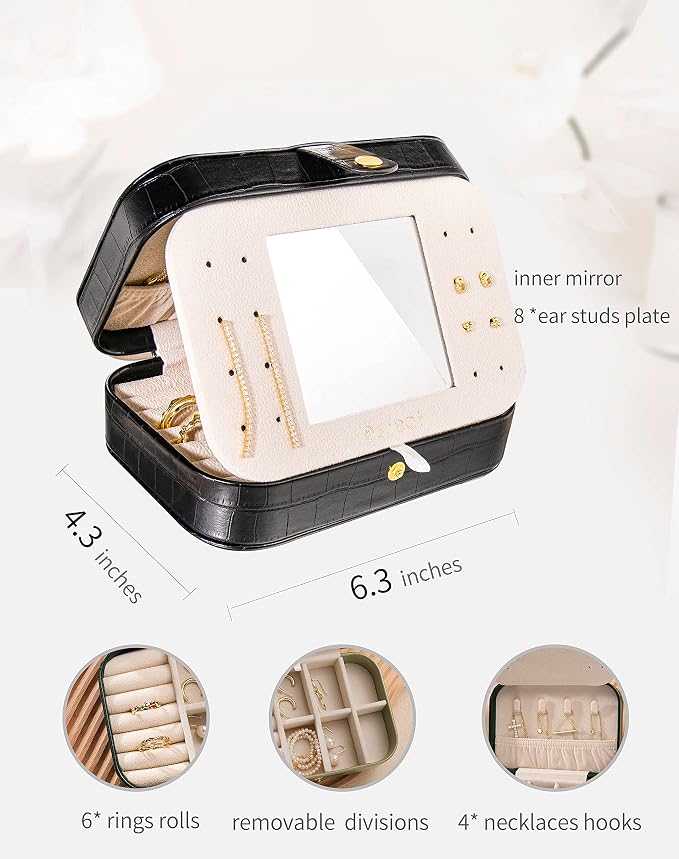 S.Leaf Travel Jewelry Organizer Boxes for Women Small Portable Necklace Earrings Bracelet Rings Travel Case Best Friend Birthday Gifts for Women Trendy (15_Crocodile_Black_Big) - Image 4