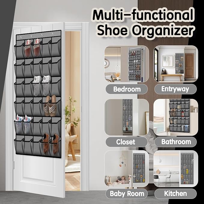 Kotkn Over the Door Shoe Organizer with 30 Breathable Mesh Pockets - Large Capacity Closet Storage for Men & Women, Hanging Shoe Rack Organizer (Gray) - Image 5