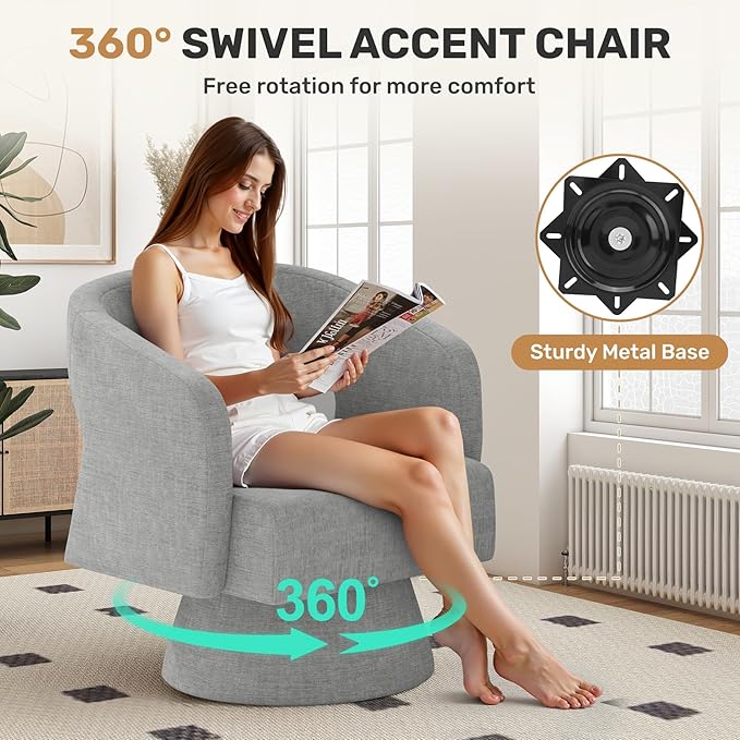 Nebuaegis Swivel Accent Chair Set of 2, Modern Comfy Chenille Barrel Chairs, Oversized Upholstered Round Arm Chair for Living Room, Bedroom, Reading Room, Grey