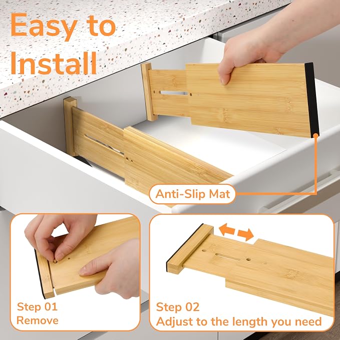 BAMEOS 4 PCS Bamboo Drawer Divider Adjustable Drawer Dividers Kitchen Drawer Organization Utensil Organizers for Kitchen Dresser Bathroom Bedroom and Office - Image 7