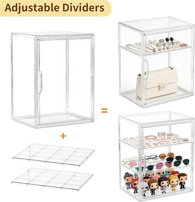 Acrylic Display Case for Collectibles, 3 Tier Clear Storage Bin with 3 Adjustable Layers and 2 Removable Divider, Stackable Clear Storage Box with Magnetic Door for Figures, Home or Office,Large - Image 3