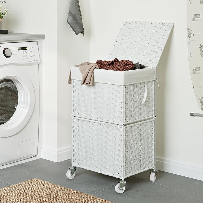 Chrislley 90L Slim Laundry Hamper with Wheels, Rolling Laundry Basket with Lid and Renovable Liner Bag, Handwoven Rattan Organizer for bedroom, bathroom, laundry room (White) - Image 2