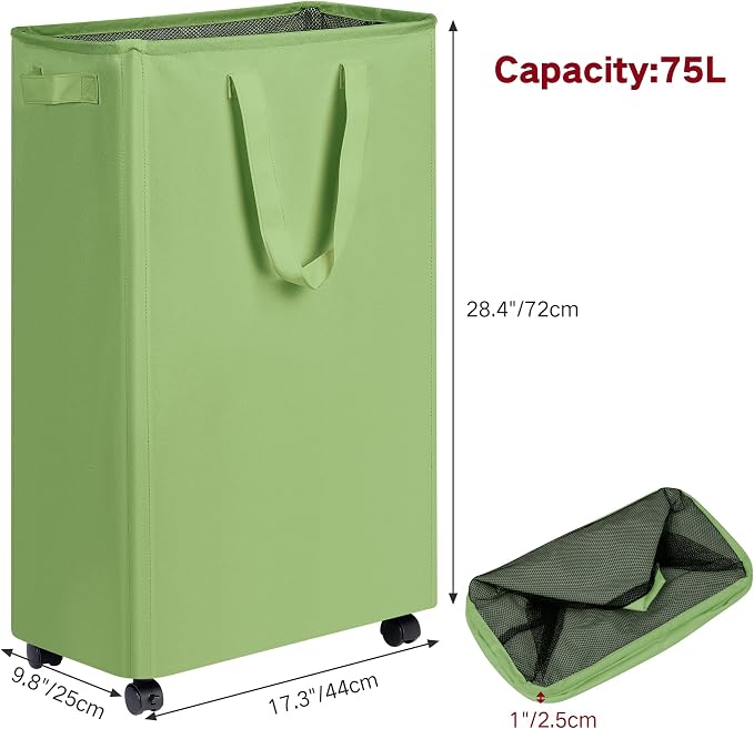 efluky Slim Laundry Hamper with Wheels, Rolling Laundry Basket for Clothes, Small Laundry Basket for Bedroom, Dorm and Laundry Room, 75L (19.8 Gallons) Green - Image 2
