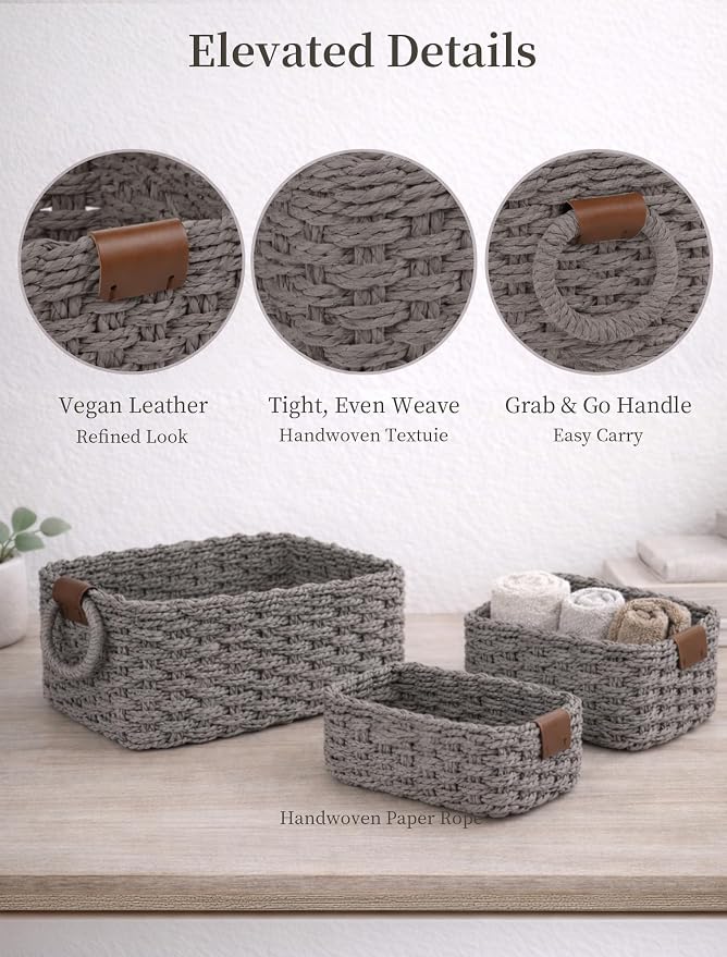 Storage Basket, Recycled Paper Rope Bathroom Basket Organizer, 3Pcs Small Baskets for Organizing, Mini wicker Basket for Decorative Storage Bins, Shelves, Bathroom, Cabinet - Grey - Image 4