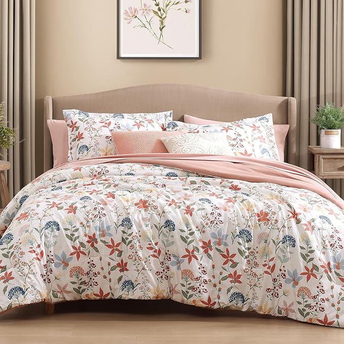 CASAAGUSTO Full Comforter Set, 7 PCS Clay Pink Floral Comforter Set with Flowers Leaves Pattern, Soft Seersucker Design All Season Full Size Bedding Set(80"X90")