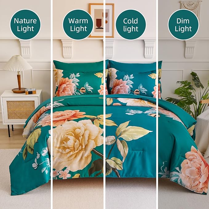 Drucon Floral Comforter Set Queen Size 7 Pieces Bed in a Bag, Teal Blue Floral Bedding Set, Soft Microfiber Comforter and Sheet Set for All Season (Queen, 90"x90")