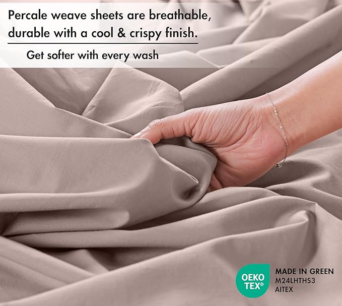 RUVANTI 100% Cotton Sheets – Twin Size Percale Bedding, Cooling & Breathable, Durable with a Crisp, Soft & Comfortable Feel, 16" Deep Pocket, 3-Piece Set, Warm Mocha