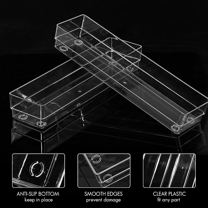 LotFancy Clear Drawer Organizers, 12” x 3” x 2”, Set of 3, Drawer Organizer Trays for Desk, Plastic Storage Bins for Bathroom, Makeup, Utensils, Stackable - Image 3