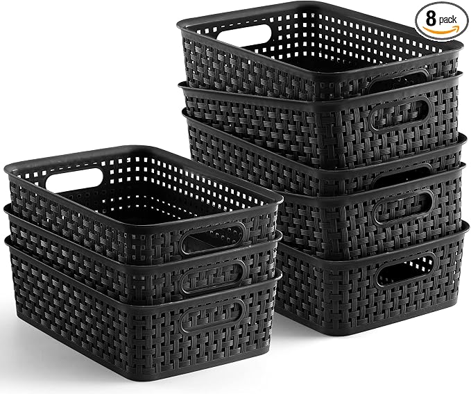 [ 8 Pack ] Plastic Storage Baskets, Small Pantry Organization and Storage Bins, Household Organizers for Laundry Room, Bathrooms, Kitchens, Cabinets, Countertops, Under Sink or Shelves, Black by NETANY
