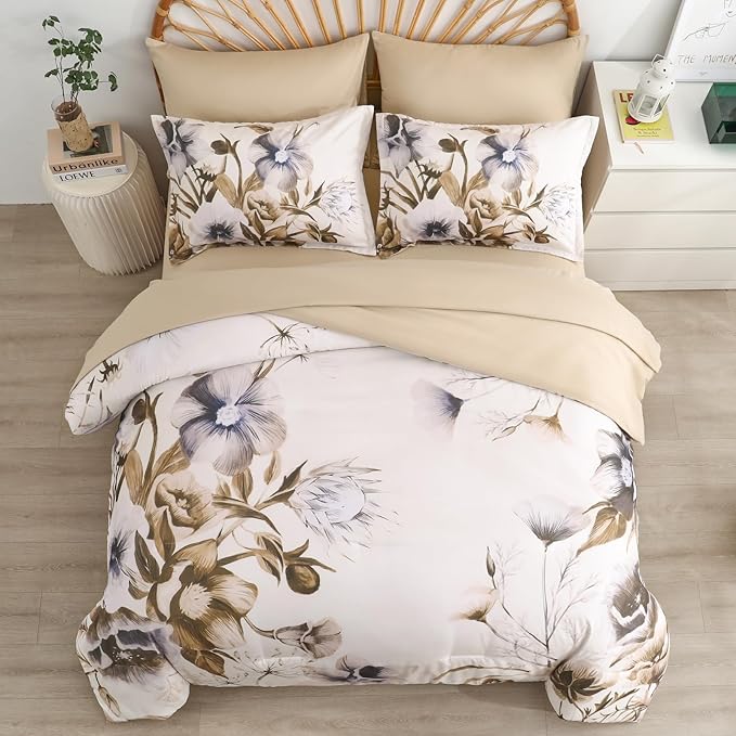 Luxudecor Floral Comforter Set Full Size 7 Piece, Beige Flower Bed in a Bag, Elegant Floral Comforter with Sheet Set, Soft Microfiber Bedding Set for All Season (Beige, 80"x90")