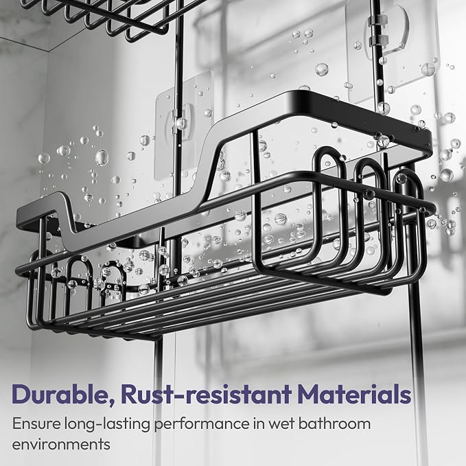 SWTYMIKI Bathroom Shower Caddy Hanging - 3 Tier Rustproof Over Shower Head Organizer, No Drilling Bathroom Shelf with 16 Hooks & Soap Holder, Anti-Swing Rack for Shampoo,Sponge,Towel, Black, Large - Image 6