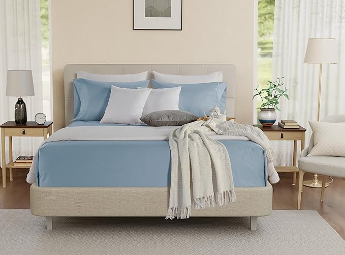 100% Egyptian Cotton Sheets Full Size Set, 800TC 15" Deep Pocket Full Sheets Set, Soft Breathable Sateen Weave 4PC Elasticated Sheet & Pillowcase Sets, No Pill & Shrink, Fade Resistant - French Blue