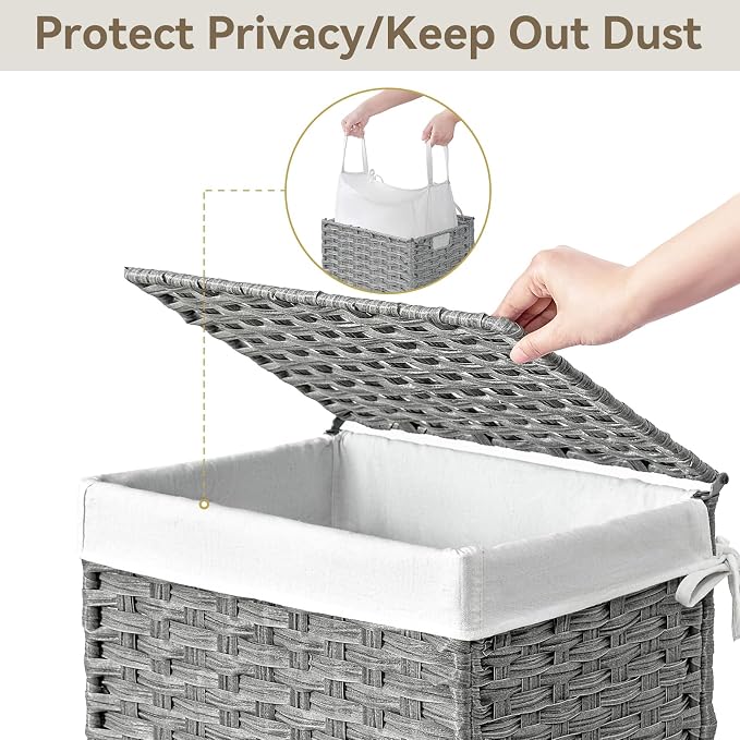 Chrislley 90L Slim Laundry Hamper with Wheels, Rolling Laundry Basket with Lid and Renovable Liner Bag, Handwoven Rattan Organizer for bedroom, bathroom, laundry room (Grey) - Image 4