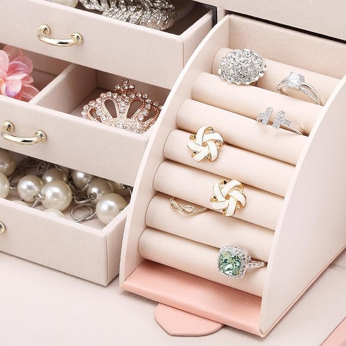 Vlando Mirrored Jewelry Box Organizer, Leather Jewelry Storage Case, Necklaces Earrings Rings Brackets Box Holder, Pink - Image 9