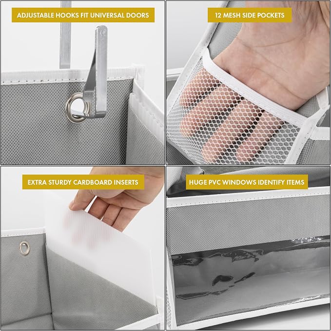 HOMELUX THEORY UPGRADED 6 Tiers Over The Door Organizer Hanging - 100D EXTRA THICK & 50lbs HUGE CAPACITY, 12 Side Mesh Pockets Over The Door Shoe Organizer, Hanging Closet Organizer (Light Gray, 2pc) - Image 7