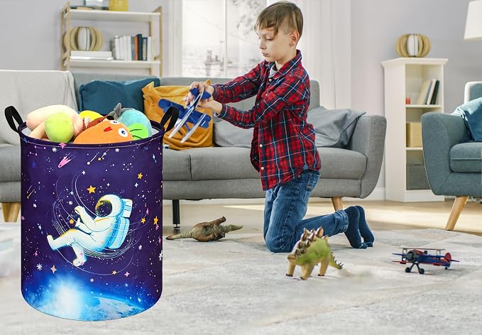 Collapsible Kids Laundry Basket Clothes Hamper, Foldable Storage Organizer Bin, Toy Clothes Storage with Handles for Boys Girls Bedroom, Room Decor Astronaut - Image 4