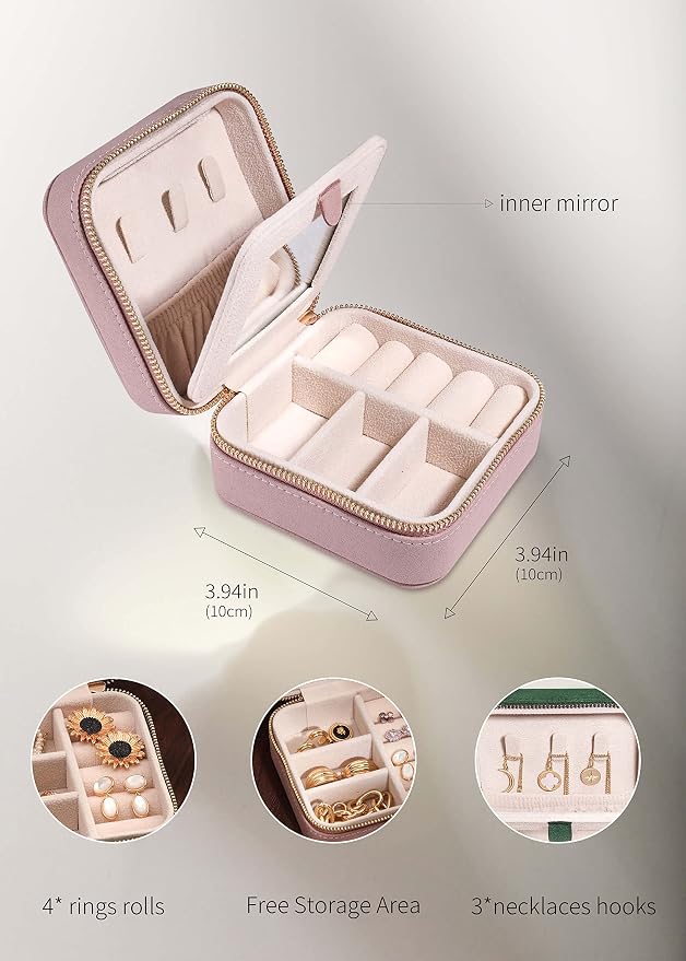 S.Leaf Travel Jewelry Organizer Boxes for Women Small Portable Necklace Earrings Bracelet Rings Travel Case Best Friend Birthday Gifts for Women Trendy (05_Suede_Touch_Dust_Pink) - Image 6
