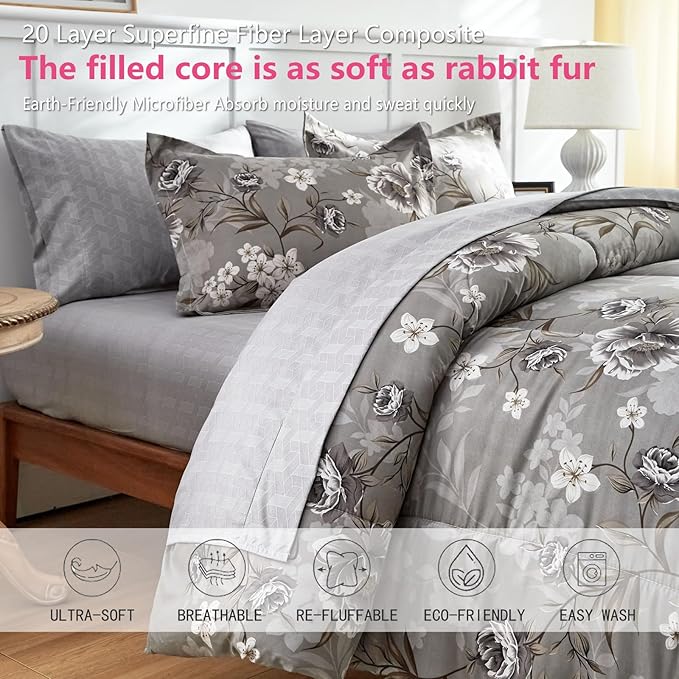 AIKASY 7-Piece Queen Size Bed in a Bag Comforter Set - Taupe Floral Ensemble with Reversible Botanical Flowers Comforter, Sheets, Pillowcases & Shams