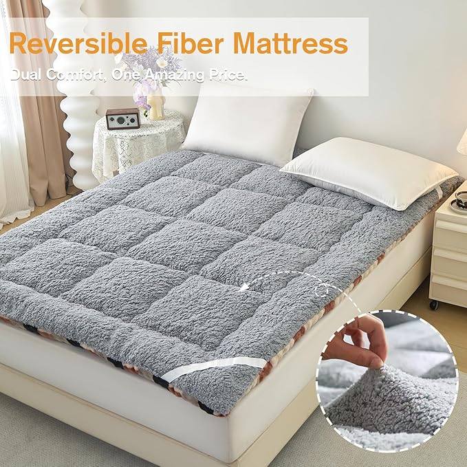 King Mattress Pad 78 x 80 inches, King Size Mattress Cover Warm Thicken Velvet Breathable and Comfortable with 4 Elastic Band, Deep Pocket Stretchable up to 15 inches Washable, Gray-Brown Grid