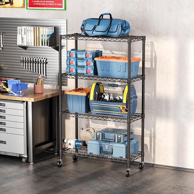 SINGAYE 4 Shelf Storage Wire Shelves Closet Bathroom Organizers Metal Pantry Kitchen Garage Shelving Unit Laundry Room Organization Home Narrow Rack Net Basket with Wheels Black - Image 4