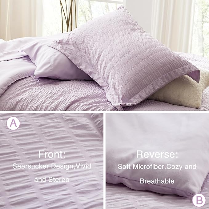 Love's cabin Seersucker Lavender California King Comforter Set, 7-Piece All Season Lightweight Bed in a Bag Bedding Set with Comforter, Flat Sheet, Fitted Sheet, Pillowcases and Shams | Soft, Breathable, Lightweight