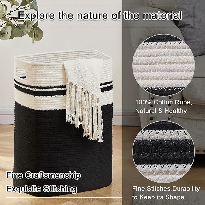 OIAHOMY Laundry Hamper-Laundry Basket,Tall Cotton Storage Basket with Handles,Decorative Blanket Basket for Living room,Collapsible Large Basket for Toys,Pillows,Clothes Organizer-16x13x22in-Black - Image 3