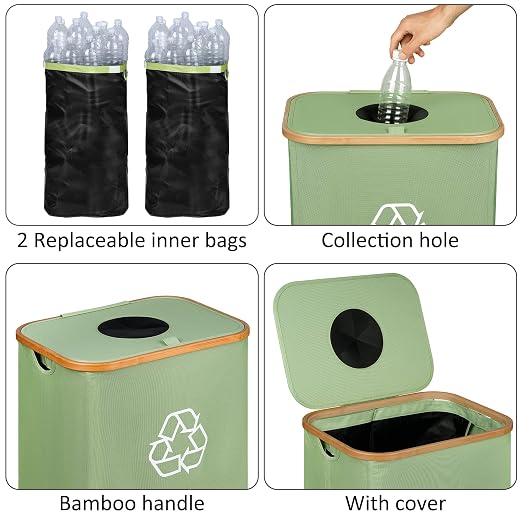 iEGrow 29 Gallons Recycling Bins for Kitchen, Indoor Recycle Bins with Lid, 110L Large Recycle bin with 2 Removeable Reusable Inner Bags, for Bottles Cans Glass Plastice Cartons(Green) - Image 2