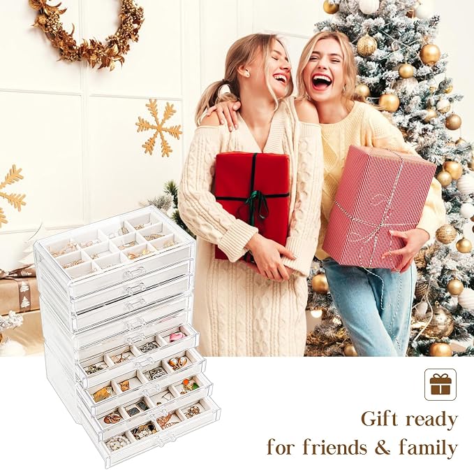 Lolalet Earring Holder Organizer Box Jewelry Storage with 9 Drawers, Clear Acrylic Stackable Earring Case with Adjustable Velvet Trays for Women on Dresser Vanity -Warmwhite, 9 Layers - Image 7