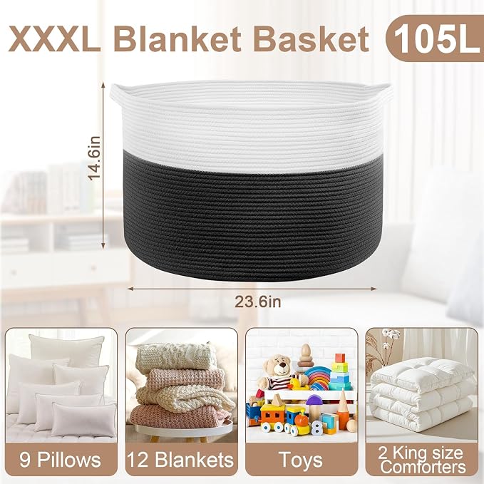 XXXL Large Laundry Basket, 105L Soft Cotton Rope Basket, Blanket Storage and Organizers, Baby Nursery Laundry Hamper, Extra Large Toys Storage Bins for Kids 23.6'' x 14.6'', White & Black - Image 2