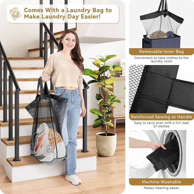 SOLEDI Slim Laundry Hamper with Lid, Narrow Laundry Basket with Removable Bags, Dirty Clothes Hamper with handle, Small Hamper perfect for Laundry room, Bathroom, Bedroom, Small spaces. 70L Navy Blue - Image 4