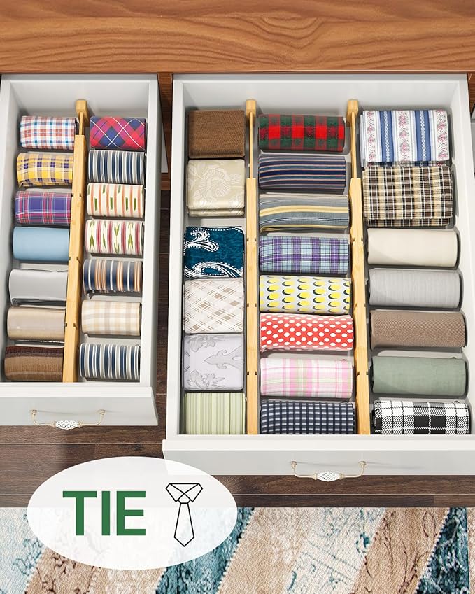 kiplant Bamboo Drawer Dividers - Adjustable Drawer Dividers for Clothes, Kitchen, Closet & Office - 8 Pack with Inserts, 18-22.6 Inches, Non-Slip Silicone Ends - Image 6
