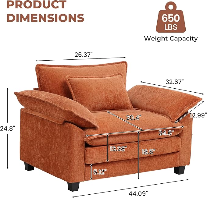 Oversized Accent Chair,44" Modern Living Room Chairs,Chenille Upholstered Cloud Sofa Chair Armchair with Extra Thick,Comfy Accent Chair Reading Chairs for Bedroom Apartment Terracotta Orange