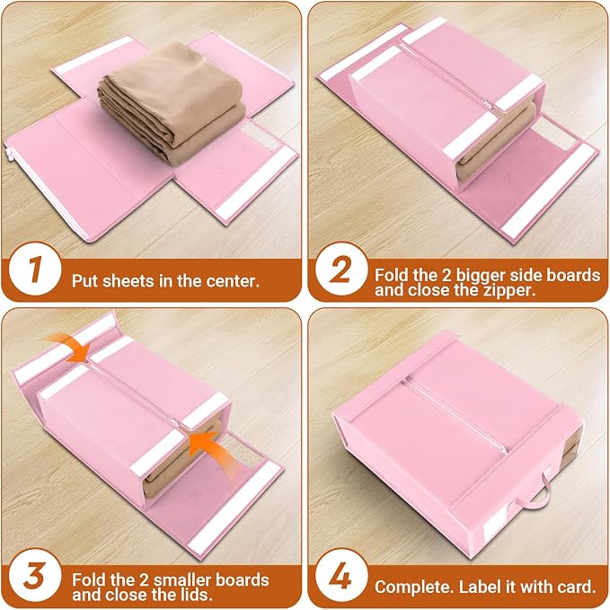 StorageTastic 8 Pack Bed Sheet Closet Organizers and Storage,Sturdy Foldable Storage Containers with Window and Label,Storage and Organization for Bedding Sheets,Duvet Covers,Blankets (Pink) - Image 4