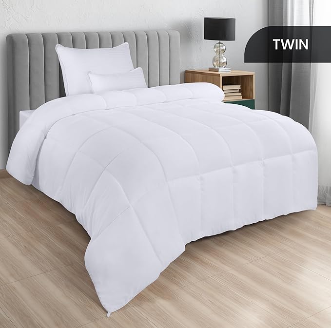 Utopia Bedding Comforters Twin Size, All Season Duvet Insert, Down Alternative Box Stitched Bed Comforter with Corner Tabs, Machine Washable (White)