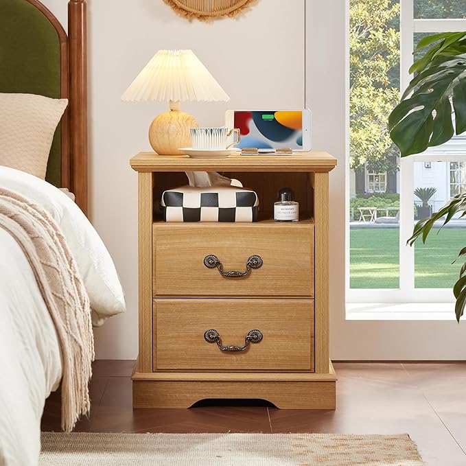 Farmhouse Dressers & Night Stand Set,54" Wide 7 Drawer Dresser 18" Wide 2 Drawers End Table with Charging Station,Furniture Dresser Sets for Home,Natural