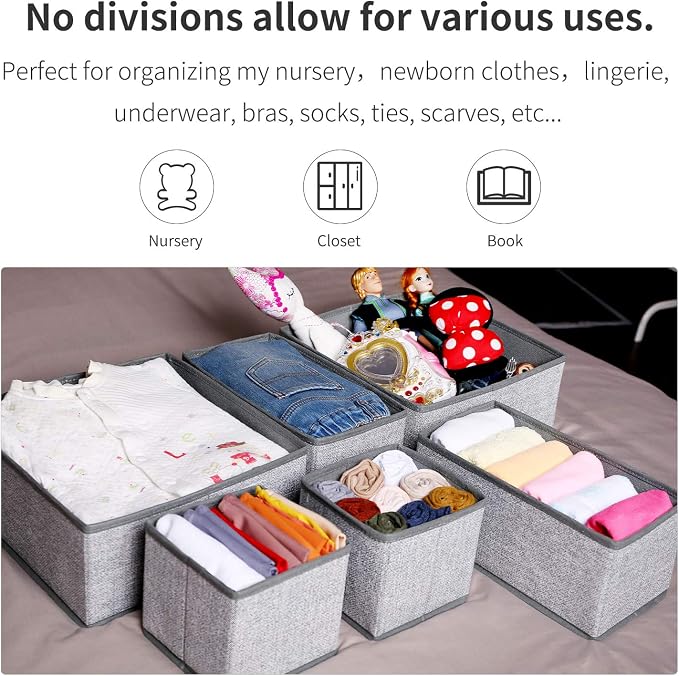 Criusia Foldable Underwear Drawer Organizer, Closet Dividers, Storage Box for Clothes, Socks (6 Bins, Gray) (Pack of 2) - Image 6