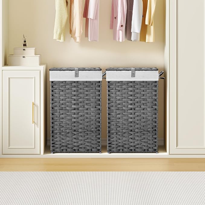 Greenstell Laundry Hamper with Lid, 60L Clothes Hamper with 2 Removable Liner Bags & 2 Mesh Laundry Bags, Handwoven Synthetic Rattan Laundry Basket for Clothes, Toys in Bathroom, Bedroom Grey - Image 2