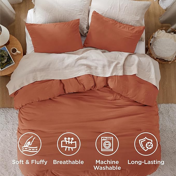 Bedsure Queen Comforter Set, Orange Soft Prewashed Bedding for All Seasons, 3 Pieces GentleSoft™ Bed Set, 1 Lightweight Comforter (90"x90") and 2 Pillowcases (20"x26")