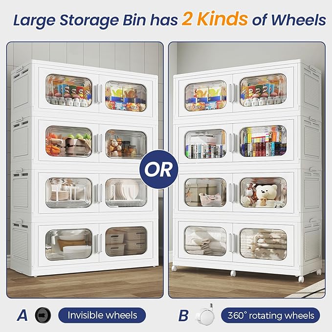 150Gal Extra Large Stackable Storage Bins with Lid & Wheels & Doors, 200QT/50GAL 3-Tiers Collapsible Closet Organizers Plastic Containers Drawers Boxes for Home Kitchen Bedroom, White